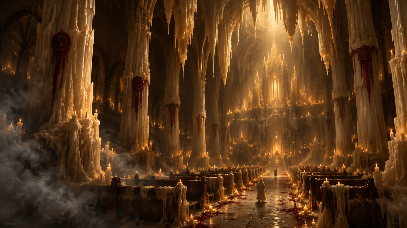 Nave of Drippings: katedral di dalam lilin, pilar lilin dan stalaktit tetesan raksasa di atas bangku yang setengah tenggelam.